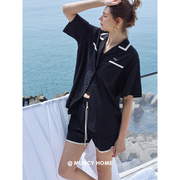 曼系冰丝睡衣女夏季薄款时尚开衫黑色格子空调服简约丝绸两件套装