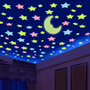 3d立体墙贴画房顶天花板月亮星星，荧光夜光贴卧室房间墙壁装饰贴纸