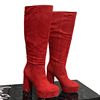 欧美ins羊反绒女高筒靴时装，款带防水台粗高跟，红色真皮靴子t台