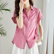 粉紫色衬衫女短袖2024夏季韩版时尚减龄上衣纯棉休闲别致衬衣