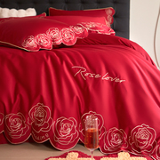 简约婚庆四件套红色全棉，100支长绒棉刺绣花结婚被套床单1.8m床笠