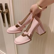 法式复古粉色一字带，粗跟高跟鞋真皮玛丽珍鞋，2024蝴蝶结单鞋女