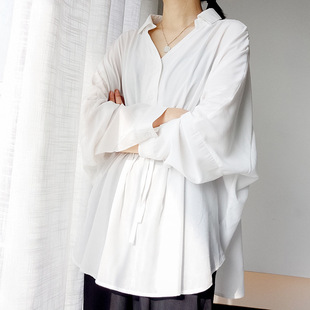韩版文艺女装2021夏季纯色蝙蝠袖系带宽松长袖雪纺衬衫女上衣