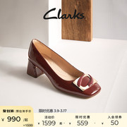 Clarks其乐妮雅系列女鞋秋季红色浅口单鞋方头粗跟通勤鞋