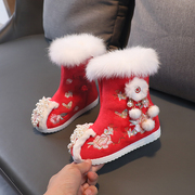 汉服鞋子女童冬季红色中国风拜年鞋儿童棉靴古装绣花鞋民族风靴子