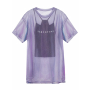 1002紫色透视亮丝网纱短袖，t恤女怪味，少女体恤中长款+吊带上衣