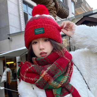 圣诞氛围感大红色毛线帽子女冬季毛球设计针织毛绒加厚护耳包头帽(包头帽)