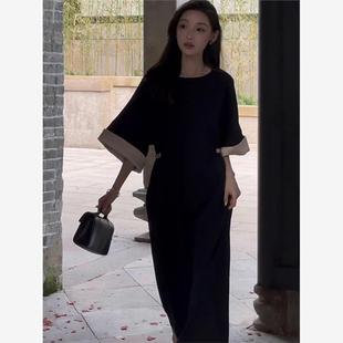 新中式国风黑色中袖连衣裙，女春夏季复古高级感撞色拼接长裙子
