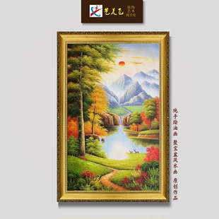 纯手绘油画大芬聚宝盆，现代轻奢风景画山水丰收风水，画竖版玄关过道