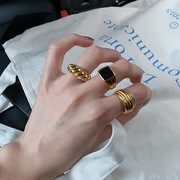 欧美跨境个性金色光面螺纹戒指，女韩版牛角包时尚(包时尚)冷淡风开口食指环