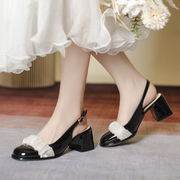 包头凉鞋女2024夏季复古时装设计粗跟法式高跟白色玛丽珍单鞋