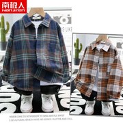 南极人纯棉男童长袖衬衫2020新秋装(新秋装)韩版儿童格子磨毛衬衣外套