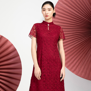 戴布拉芬品牌夏季碎花，立领蕾丝拼接显瘦短袖宽松红色连衣裙
