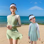 韩国女童泳衣连体裙式母女，长袖防晒平角速干温泉运动亲子泳装