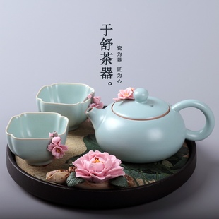 陈培明汝窑茶壶家用三才盖碗茶杯，陶瓷功夫茶具套装泡茶单壶西施壶