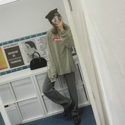 韩国2023秋季女士水洗染色棉，字母长袖t恤绿色复古做旧打底衫