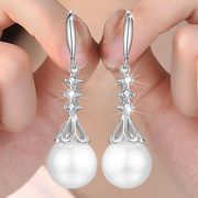 s925纯银水滴形珍珠耳环，新长款女式耳坠防过敏镶钻花朵气质耳饰