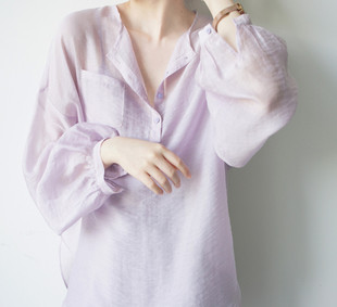 2024小小紫天丝棉套头灯笼袖，透视轻薄衬衫女含吊带chic时髦温柔