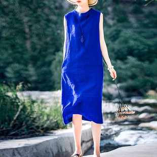 2024女装夏装一粒盐后系扣靛蓝文艺无袖，宽松亚麻连衣裙长裙