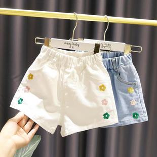 1-5岁女宝宝刺绣小花白色纯棉，短裤女童夏季女婴儿童可爱水洗热裤