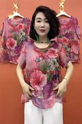 时尚舒适圆领短袖大花宽松遮肚打底衫2022年夏季超薄款双层雪纺衫