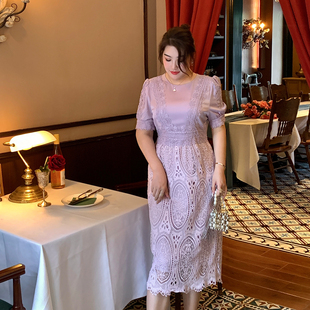 GLEC大码女装高端轻奢2024设计感时尚名媛紫色蕾丝刺绣连衣裙