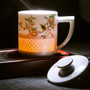 景德镇陶瓷茶杯茶水分离商务杯手绘新彩描金玲珑杯带盖滤杯办公杯