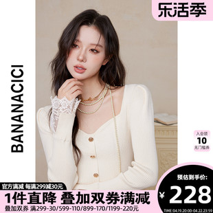 BANANA CICI2024年春季法式桃心领蕾丝花边针织衫女显瘦毛衫