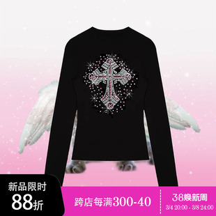 粉红蘑菇 十字架烫钻黑色长袖T恤女秋内搭y2k辣妹千禧风修身上衣