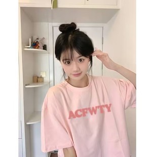 日系小清新粉红色短袖T恤可爱甜美森女休闲百搭减龄洋气宽松上衣