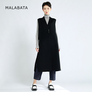 玛拉葩塔2023年秋季设计感后宽腰带中长款纯色无袖羊毛马甲女