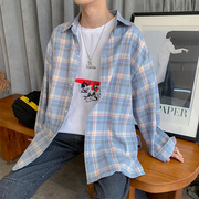 网红格子衬衫男长袖，潮流韩版学生休闲衬衣，日系潮牌宽松情侣装外套