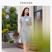 VGRASS复古蕾丝镶拼棉显高气质连衣裙23夏季假两件VSL2O23620