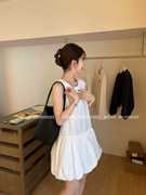 韩系chic蓬蓬设计感中长裙女2024夏季圆领纯色褶皱背心连衣裙