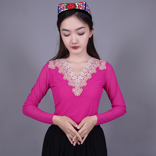 新疆舞蹈演出服网纱贴花，烫钻上衣民族风女士，长袖广场舞表演演出服