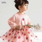 女童草莓公主裙春秋款长袖4到5六7八9岁8中童秋装3欧美加绒连衣裙