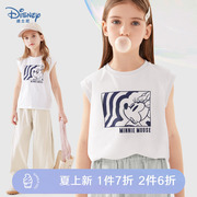 迪士尼女童无袖t恤2024夏季纯棉儿童，短袖背心上衣打底衫童装