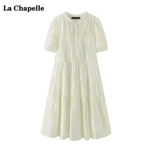 拉夏贝尔/La Chapelle白色短袖连衣裙女夏季圆领泡泡袖雪纺裙