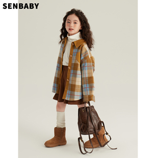 Senbaby童装定制女童秋冬装洋气加绒宽松格子上衣美拉德衬衫外套