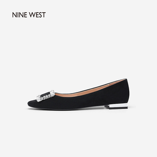 Nine West/玖熙2024年春季低跟单鞋女钻扣方头绒面通勤平底鞋