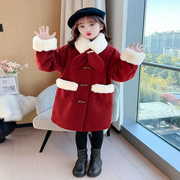 女童外套大童毛呢子大衣，秋冬季2023中长款红色，冬装儿童拜年服