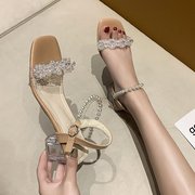 水晶高跟鞋女粗跟凉鞋仙女风2024夏法式透明珍珠一字带淑女罗马鞋