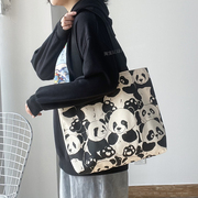 原创设计熊猫大容量单肩拉链帆布包包女学生通勤手提书包袋妈咪包