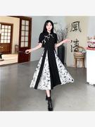 初夏女装套装中式国风改良旗袍，黑裙子女秋季复古高级感印