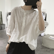 棉麻衬衫女式韩版夏装宽松圆领蝙蝠衫半袖纯色单排扣洋气防晒上衣