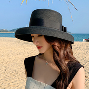 复古法式赫本黑色网红草帽，遮阳防晒海边沙滩帽，子女春夏大沿太阳帽