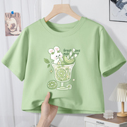 果绿色t恤女夏季2024夏装纯棉短袖体恤宽松半袖小个子短上衣