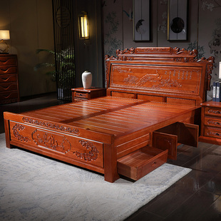 仿古典红木家具雕花主卧婚床全实木印尼花梨木1.8双人大床菠萝格