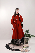 汉黛记羚羊绒大衣红色改良汉服，毛呢大衣汉服，女加厚秋冬保暖宫袋袖
