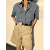 三所vintage 复古夏季Tomboy牛仔衬衫短袖叠穿水洗纯色通勤衬衣